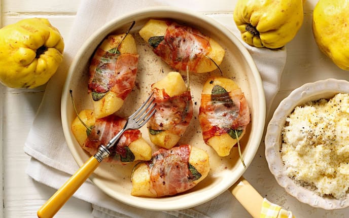 Quitten, Speck, Salbeiblätter, Polenta, Parmesan
