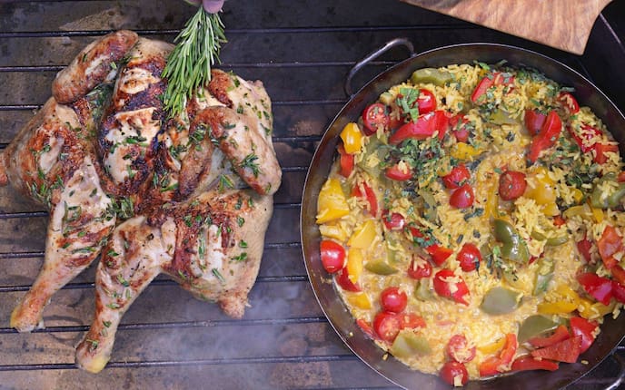 Grillhuhn, Reispfanne, Paradeiser, Cocktailtomaten, Paprika, grillen, Hauptspeise, Servus Rezept