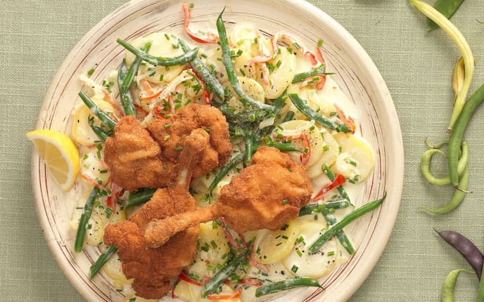 Backhenderl, Fisolen, Backhendl, Erdäpfel, Kartoffel, Zitronenspalten, Huhn, Servus Rezept