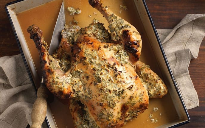 Brathuhn, Brathendl, Brathenn, Kräuter, Saft, Messer, Rein, Geschirrtuch, Servus Rezept