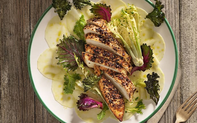 Kohl, Hühnerbrust, Besteck, Teller, Pfeffer