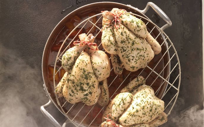 Hendl, Huhn, Küchengarn, Dampf, Topf, Gitter