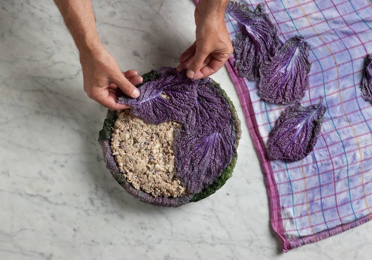 roter Chinakohl, Geschirrtuch, Hände, Kohlkuchen