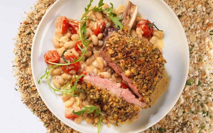 Bohnen, Tomaten, Kalbskotelett, Rucola, Brösel, Weißbrot, Kalb