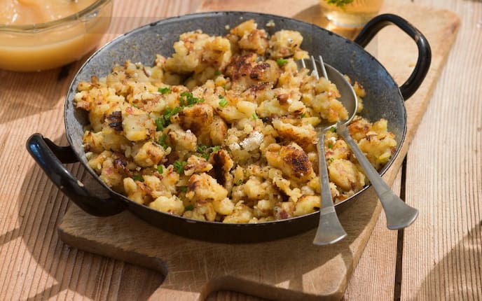 Eachtling, Erdäpfel, Schmarren, Eachtlingsschmarrn, Schnittlauch, Löffel, Gabel, Reindl