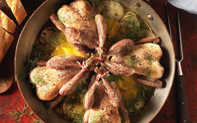 Rebhuhn, Fenchel, Orangenspalten, Baguette, Pfanne, Hauptspeise, Servus Rezept