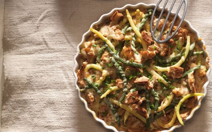 Fisolen, Brot, Käse, Schnittlauch, Auflaufform, Küchenfreund, Gratin, Hauptspeise, Servus Rezept