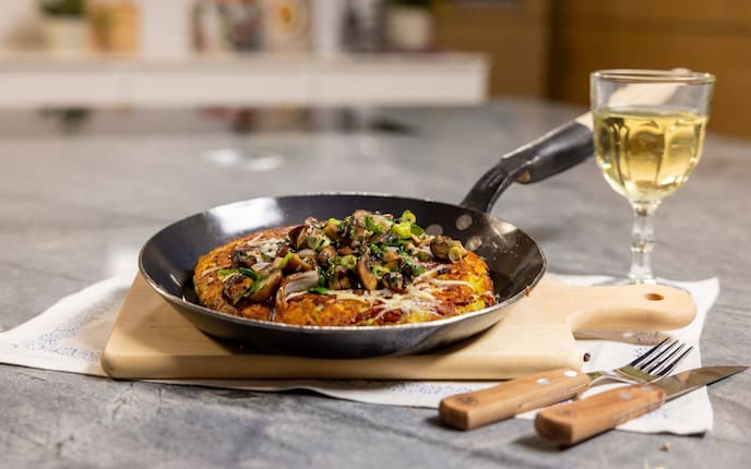 Rösti, Frühlingszwiebel, Pilze, Speck, Weisswein, Hauptspeise