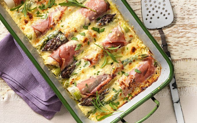 Überbackener Spargel, Schinken, Spargek grün, Rein, Hauptspeise, Servus Rezept