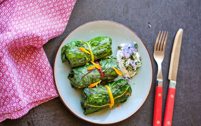Mangoldrouladen mit einem Dip auf einem Teller angerichtet. Daneben liegt ein rotes Leinengeschirrtuch und Messer und Gabel mit einem roten Griff.
