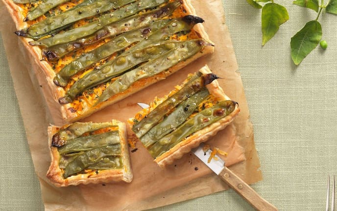 Buschbohnen, breite Fisolen, Erbsen, Blätterteig, Pikanter Kuchen, Hauptspeise, vegetarisch, Servus Rezept