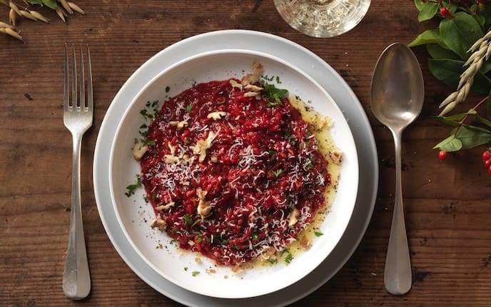 Rote Rüben, Risotto, Walnüsse, Parmesan