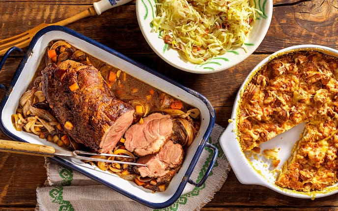 Fleischgabel, Wildschwein, Schweinsbraten, Gemüse, Kraut, Auflauf, Rein, Auflaufform, Schüssel