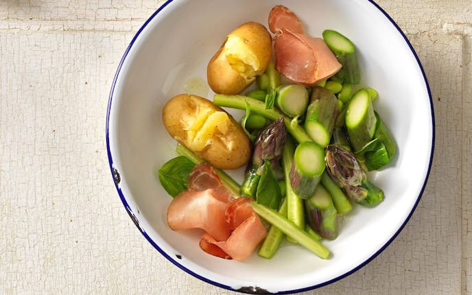 Erdäpfel, Kartoffel, Grüner Spargel, Wildschweinschinken, Salat, Vorspeise, Hauptspeise, Jause, Servus Rezept