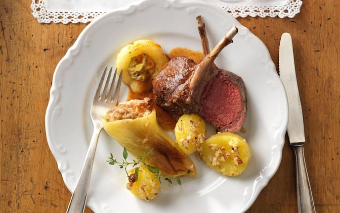 Lammrücken, Lammfaschiertes, Erdäpfel, Paprika. Spitzpaprika, Zweierlei vom Lamm