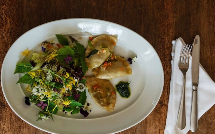 Wildkräuter, Salat, Gänseblümchen, Teigtaschen, gefüllt, vegetarisch, Hauptspeise, Servus Rezept