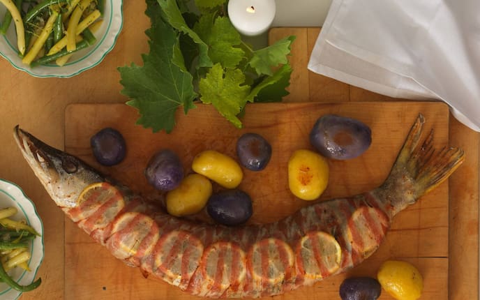 Hecht, Fisch, Speck, Fisolen, Erdäpfel, Rezept