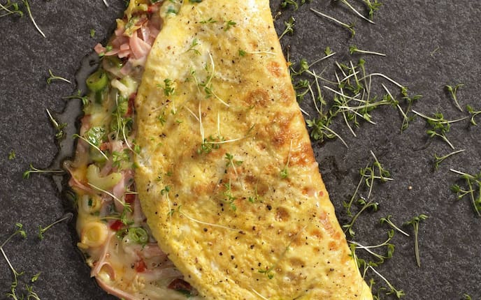 Omelett, Schinken, Käse, Gemüse, Kresse, Pfeffer