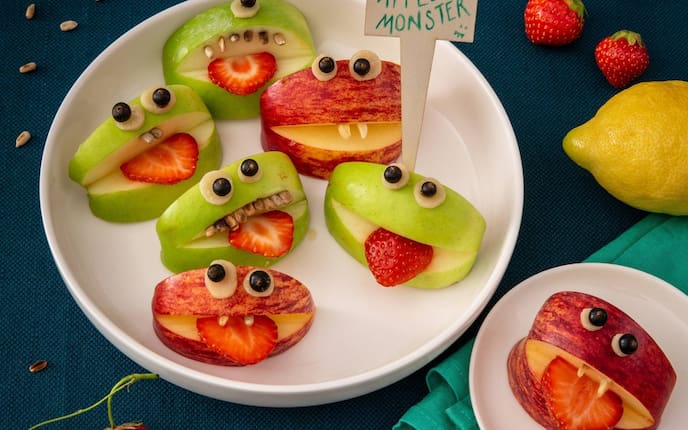 Apfelmonster, Apfel, Erdbeeren, Nüsse, Zitrone
