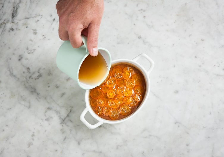 Kumquats, Leberpastete, Leber, Geflügelleber, Gemüsefond, Terrine