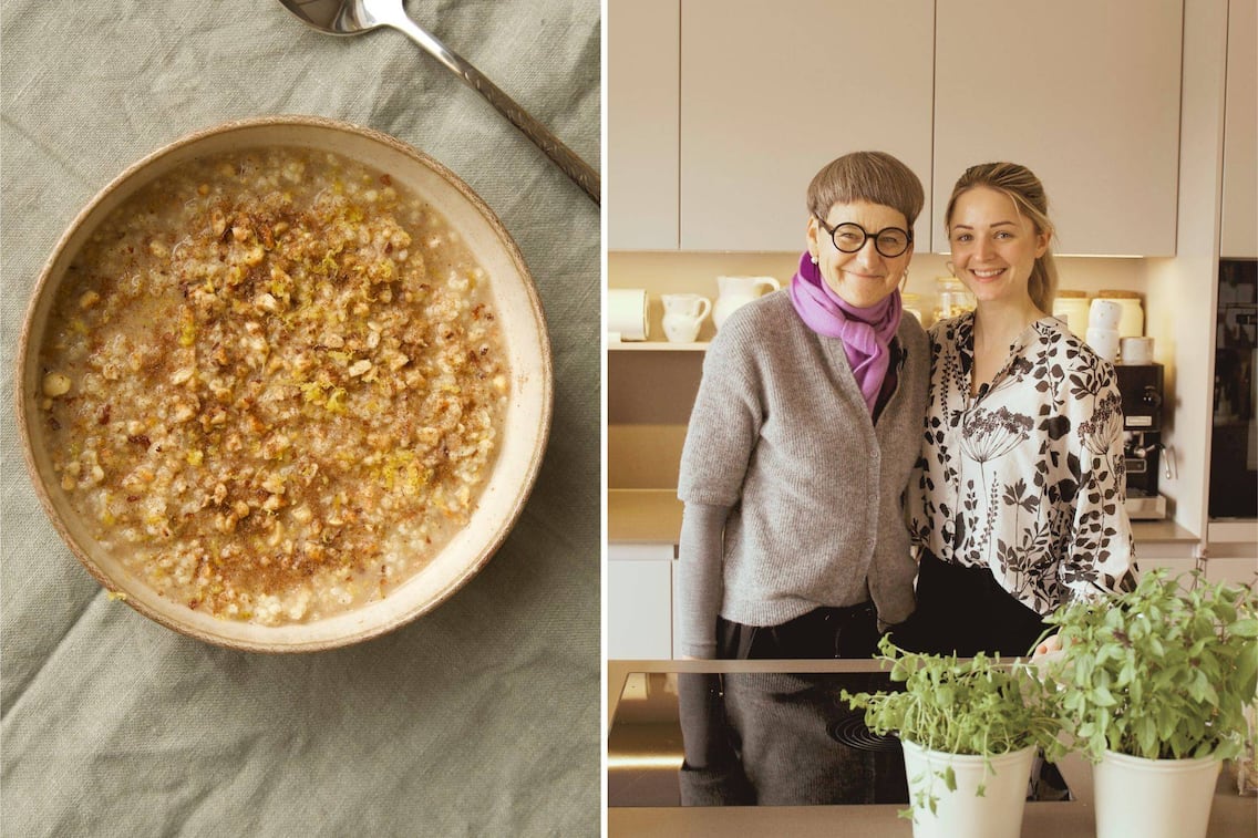 Paula Bründl mit Susanne Bernegger-Flintsch von „nana! gesund leben” stehen in der Küche. Daneben ist ein Foto von einem Hirsebrei zu sehen.