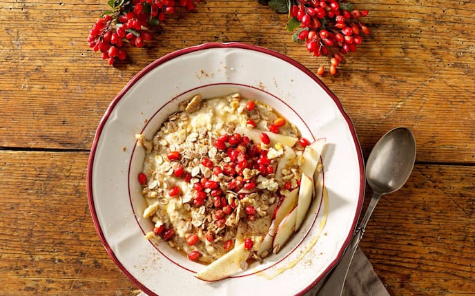 Berberitzen, Apfelspalten, Haferflocken, Brei, Frühstück, Honig, Servus Rezept