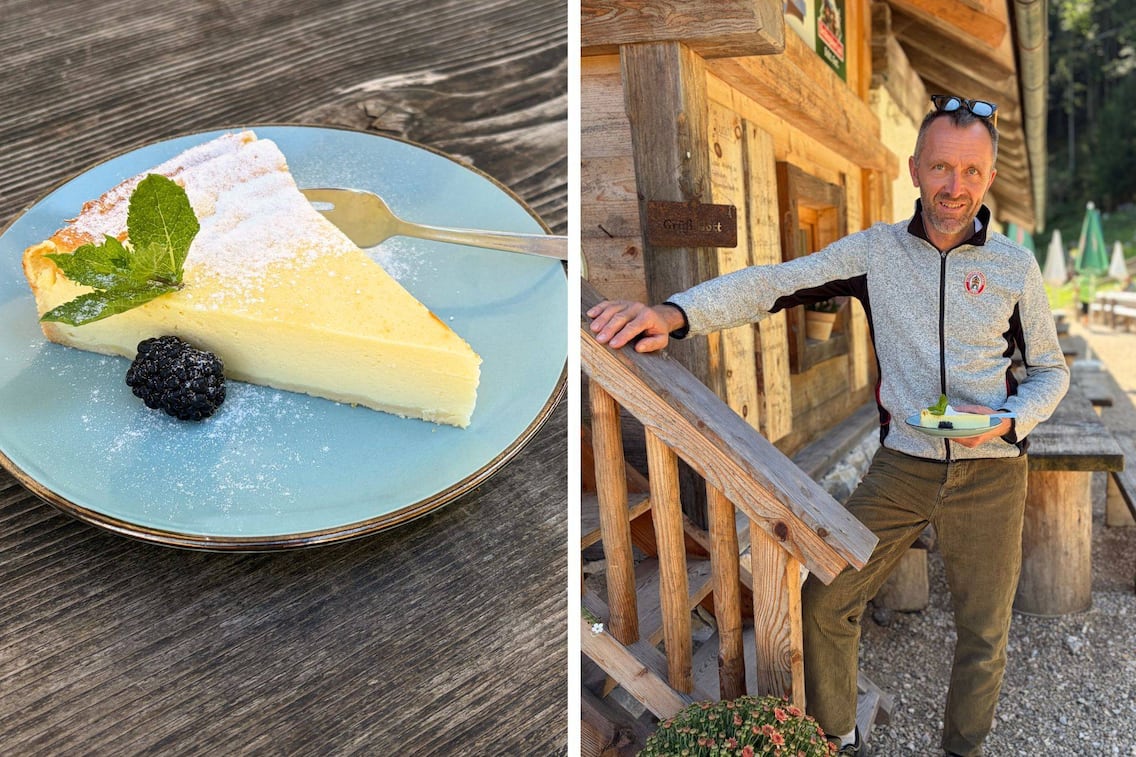 Ein Teller mit einem Stück Käsekuchen und Hüttenwirt Peter Flatscher.