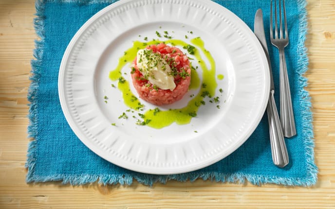 Kalbstatar mit Petersilwurzel-Püree, Tatar, Kalb, Petersil, Petersilwurzel, Tatarrezept, Servus Rezpet