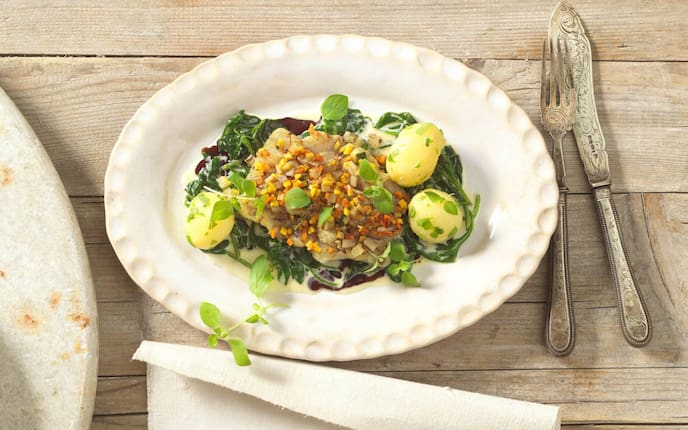 Karpfenfilet, Kürbismarinade, Spinat, Rezept