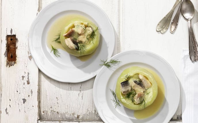 Kohlrabi gefüllt, Cremesuppe, Saibling, Fisch, Dille, Vorspeise, Suppe, Servus Rezept