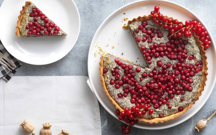 Mürbteig in einer Tarteform gebacken, mit einer Topfen-Mohn-Füllung, darauf sind noch Ribisel mitgebacken und auch frische draufgelegt