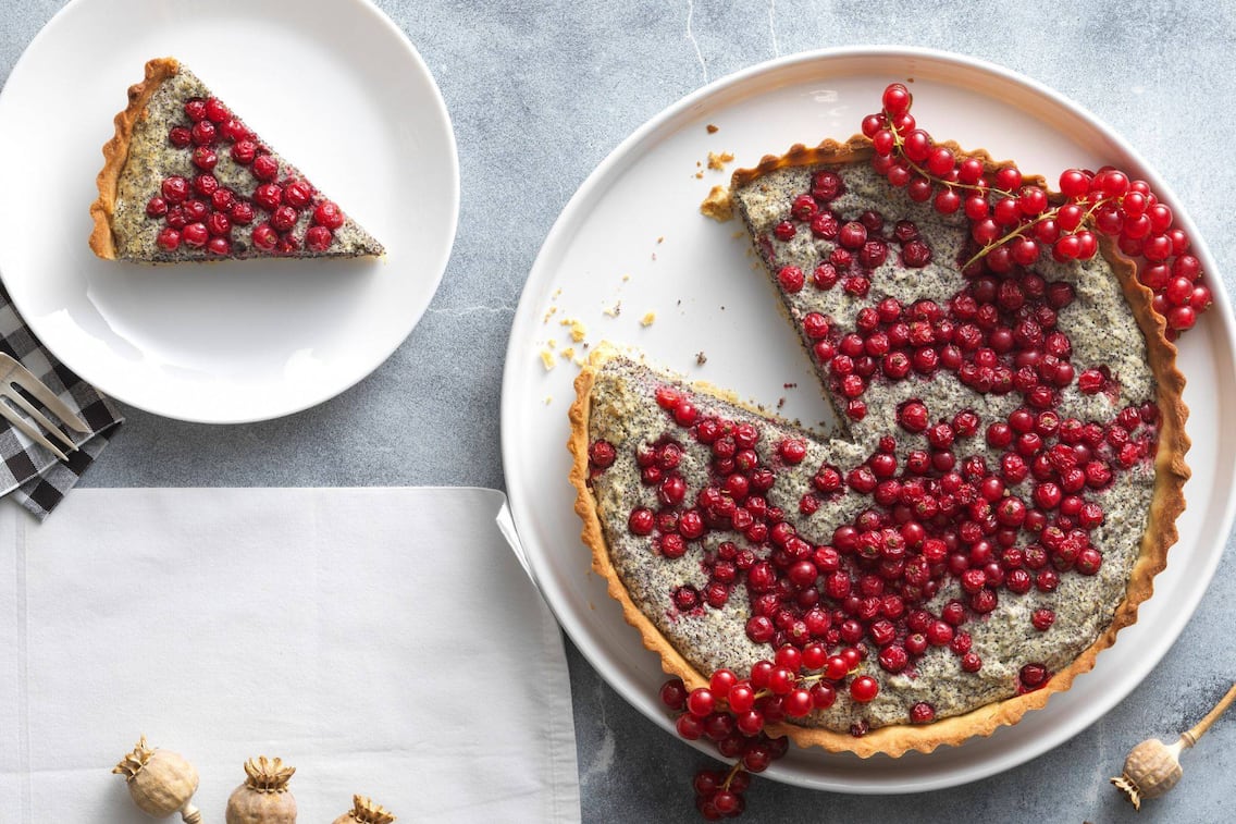 Mürbteig in einer Tarteform gebacken, mit einer Topfen-Mohn-Füllung, darauf sind noch Ribisel mitgebacken und auch frische draufgelegt