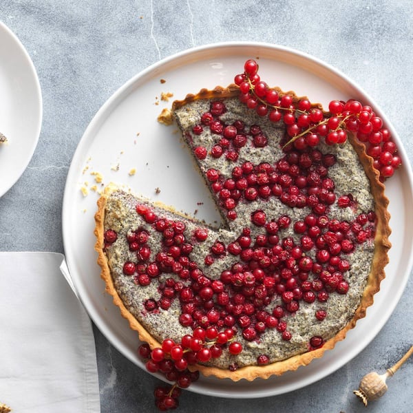 Mürbteig in einer Tarteform gebacken, mit einer Topfen-Mohn-Füllung, darauf sind noch Ribisel mitgebacken und auch frische draufgelegt