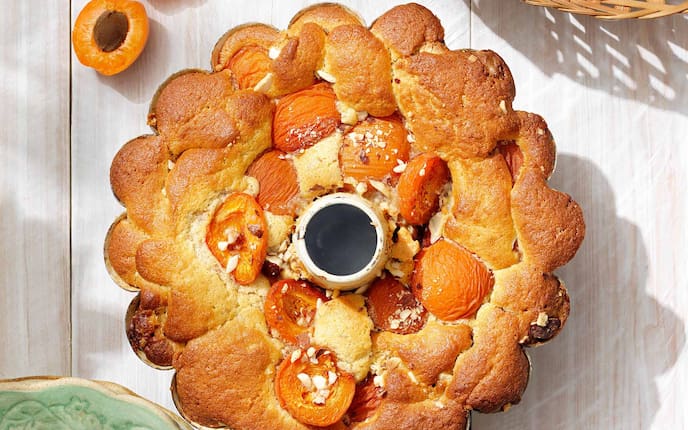 Weißer Schokoladen-Marillenkuchen mit Mandeln, Gugelhupfform, Teller, Marillenkern, Holztisch, Korb