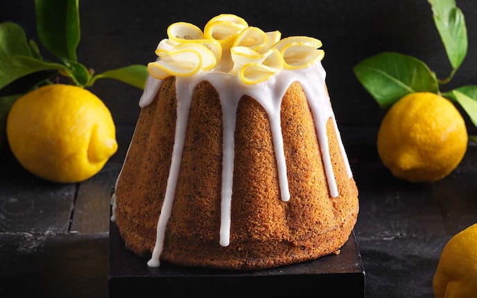 Zitronen-Mohn-Gugelhupf, Kuchen, Zitronen, Zuckerguss