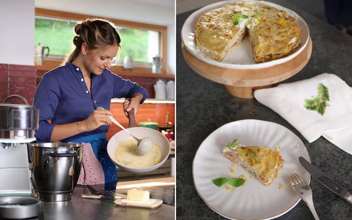 Zwei Bilder: Links: Paula macht Palatschinken, Rechts: Die fertige Lachsforellen-Palatschinkentorte