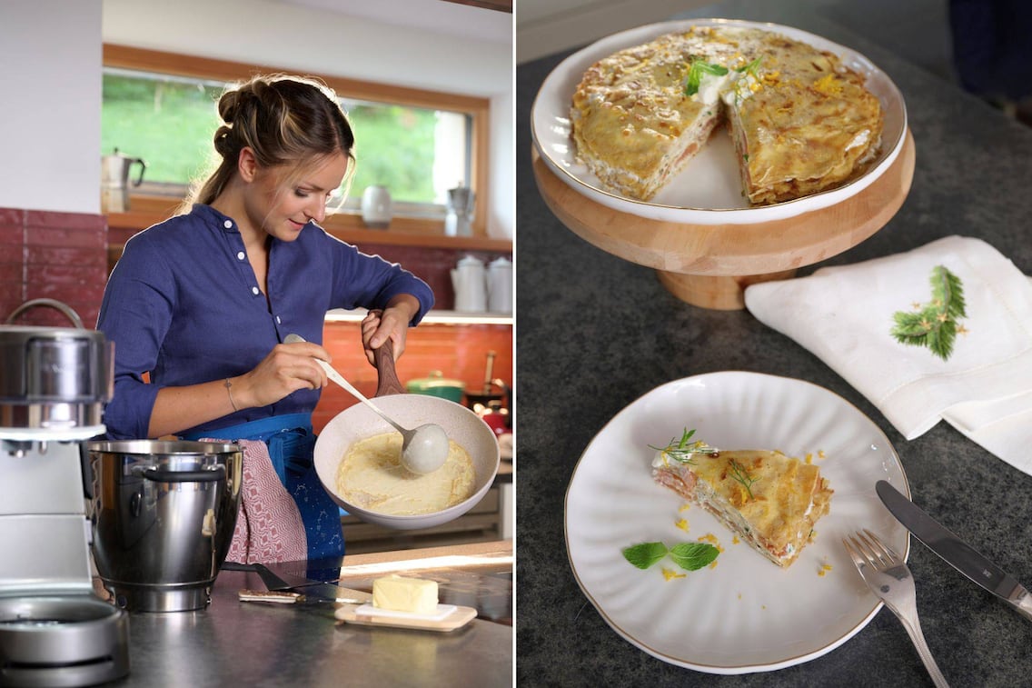 Zwei Bilder: Links: Paula macht Palatschinken, Rechts: Die fertige Lachsforellen-Palatschinkentorte