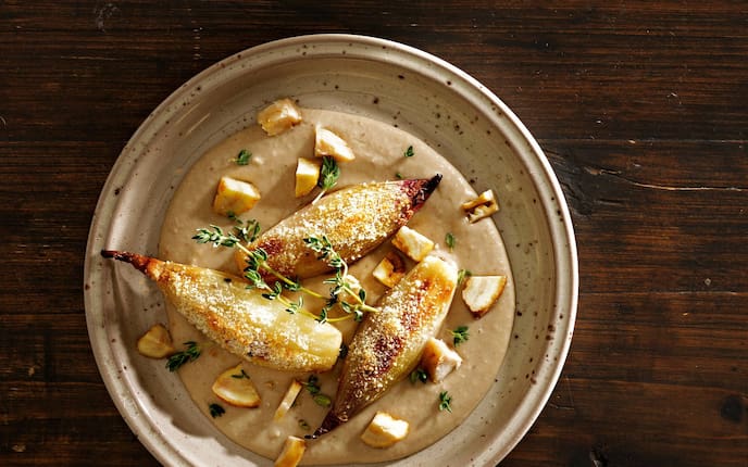 Maronicreme, überbackene Schalotten, Rezept, Vorspeise, Servus