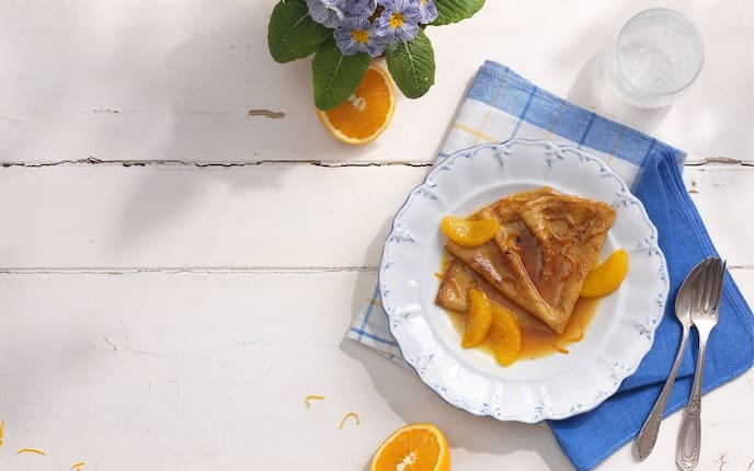 Crêpes Suzette, Blumen, Küchentuch, Orange, Besteck