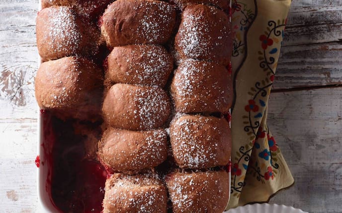 Buchteln, Himbeeren, Himbeermarmelade, Kakaobuchteln, Kakao