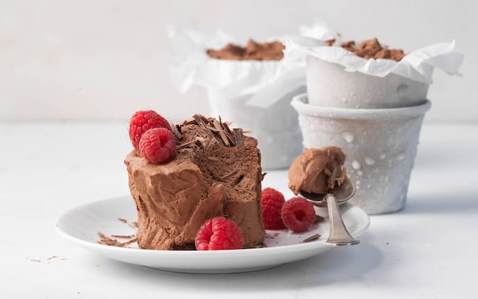 Himbeere, Schokolade, Parfait, Teller, Löffel