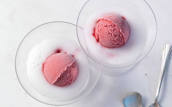 Himbeere, Himbeersorbet, Eis, Sekt, Glas, Löffel