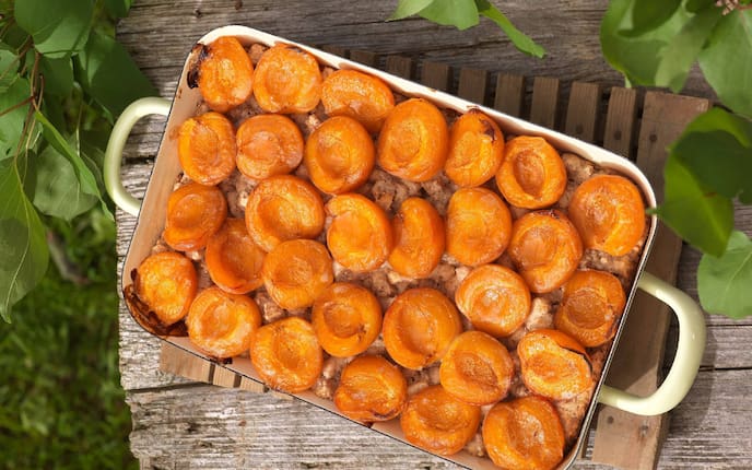 Marille, Auflaufform, Walnuss, Blätter