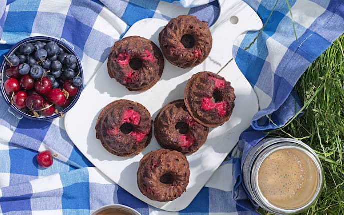 Schokogugelhupf, Heidelbeeren, Kirschen, Brett, Kakao, Picknickdecke, Gras