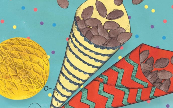 Illustration, Mandeln, Fasching, Papiertüte