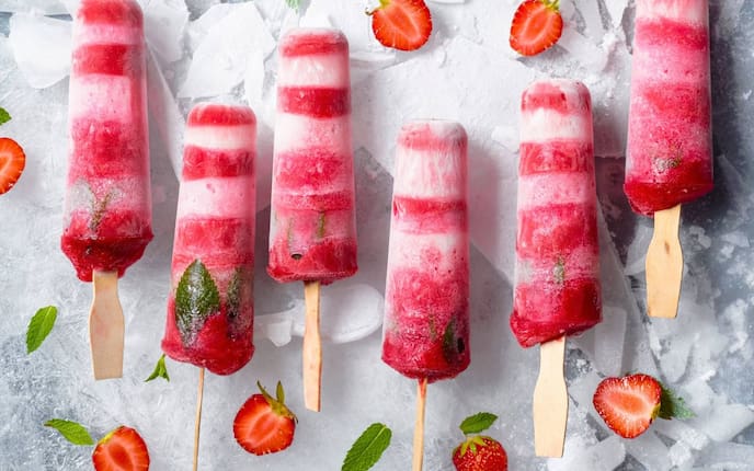 Eis, Schlecker, Rosa, Streifen, Erdbeeren, Minze