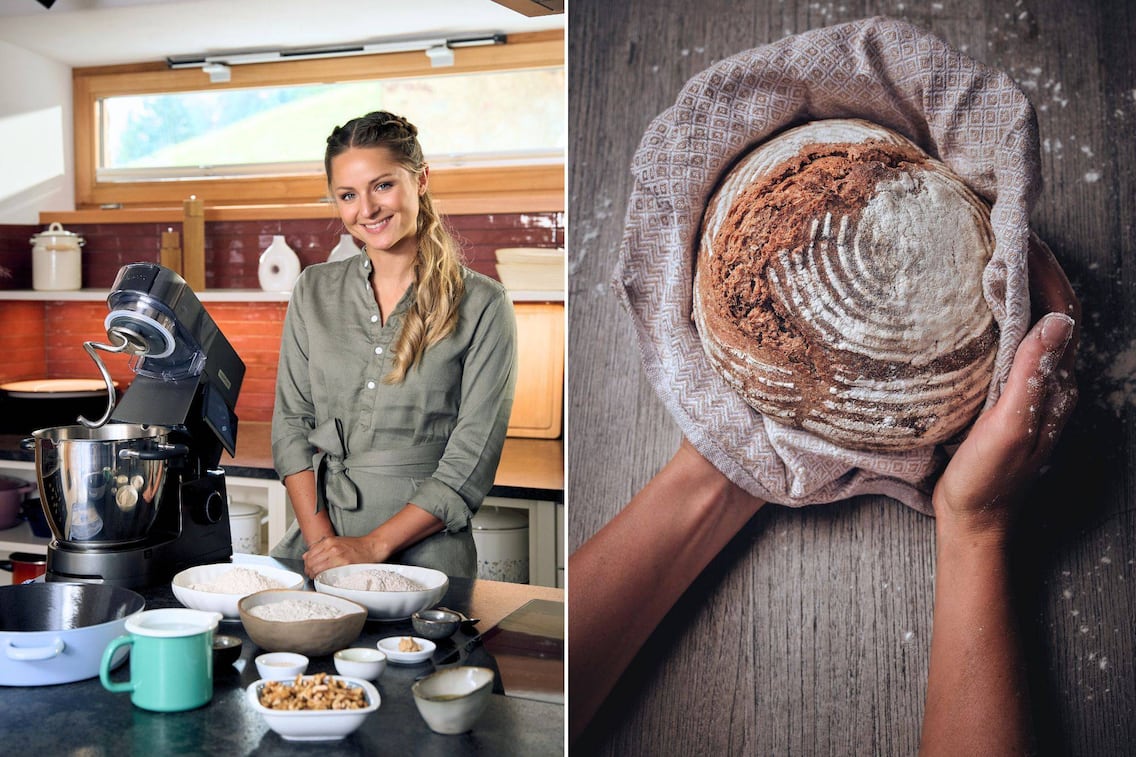 Paulas Bründl mit der Kenwood Cooking Chef, den Zutaten und dem fertig gebackenen Brot
