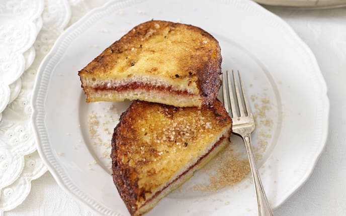 Oberösterreichische Kindstaufpofesen, gebratenes Weißbrot, gefülltes gebratenes Brot, Marmelade, Frühstück, Süßspeise, Omas Kochbuch, Servus Rezept