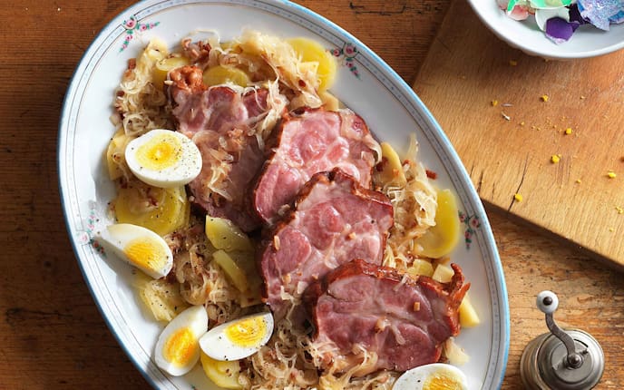 Osterschinken, Schinken, Eier, Sauerkraut, Kartoffeln, Rezept