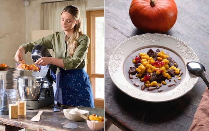 Zwei Bilder: Links - Paula dämpft die Kürbisse; Rechts - das fertige Gericht.